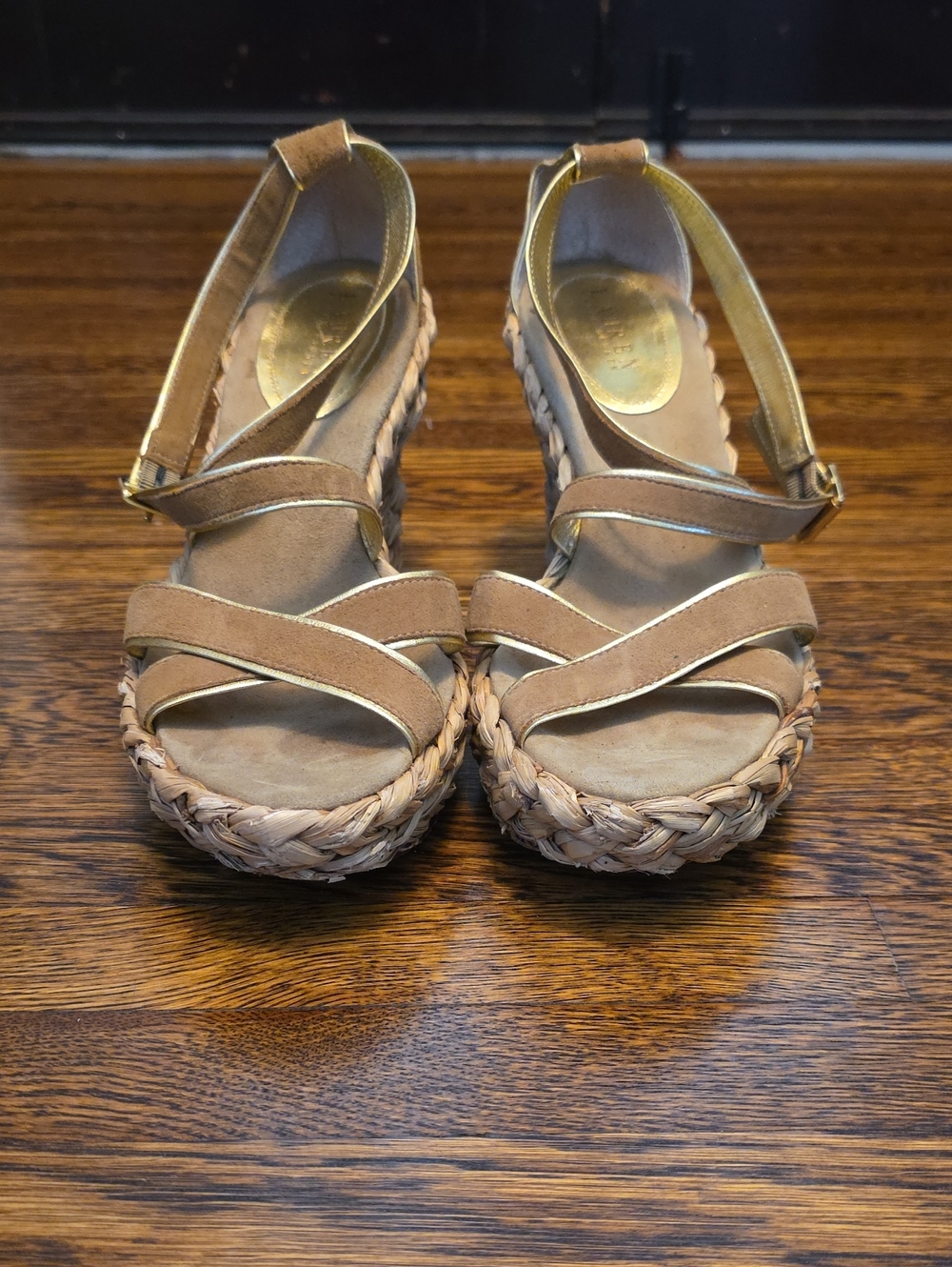 Ralph Lauren Tan Braided Espadrille Wedge Sandals